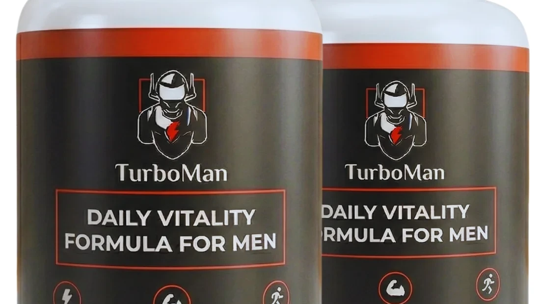 The upper front labels of two TurboMan bottles, reading TurboMan, Daily Vitality Formula For Men
