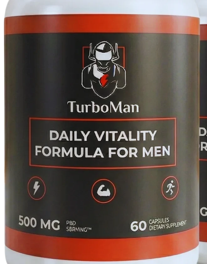 The front label of a TurboMan bottle: TurboMan, Daily Vitality Formula For Men, three icons, 500 MG, 60 capsules, dietary supplement