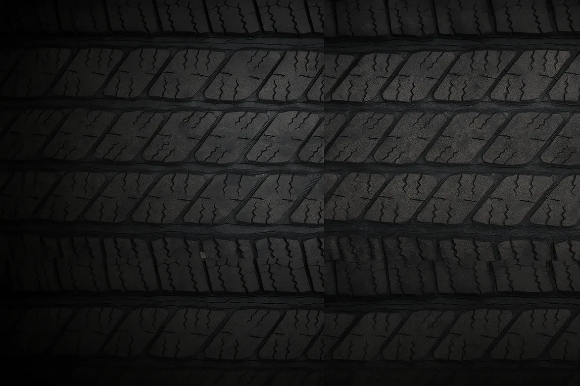 A heavy tyre tread photographed close up in low raking light